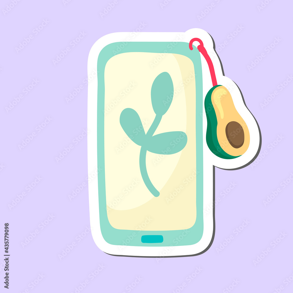 Fototapeta premium cute smartphone in cartoon style with avocado key. Illustration sticker on a blue background.