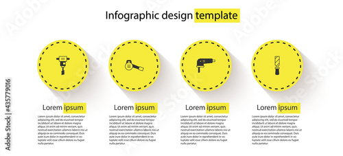 Set Electrical hand concrete mixer, Leaf garden blower, jigsaw and Rasp metal file. Business infographic template. Vector