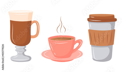 set of coffee in a glass, cup and latte. vector illustration in cartoon style