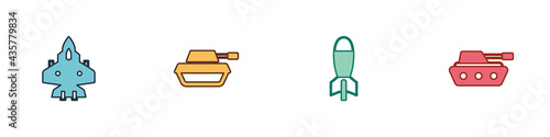 Set Jet fighter, Military tank, Rocket launcher and icon. Vector