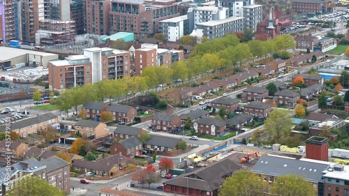 Bird's eye view of Royal Albert Dock and housing area around Great George Square in Liverpool. photo