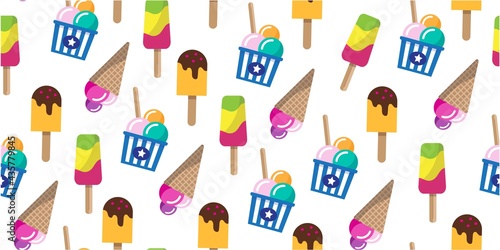 Ice cream summer delicacy dessert seamless pattern. Flat style illustration.