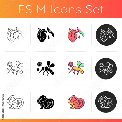 Biohazard icons set. Insects that carry infected blood. Dangerous virus spreading. Waste from human body parts. Health care. Linear  black and RGB color styles. Isolated vector illustrations