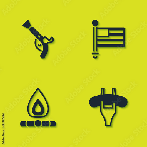 Set Vintage pistols, Sausage on the fork, Campfire and American flag icon. Vector