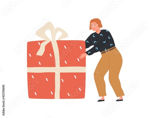 Happy person holding huge gift box. Woman carrying big enormous present wrapped in festive wrapping paper. Holiday surprise concept. Colored flat vector illustration isolated on white background