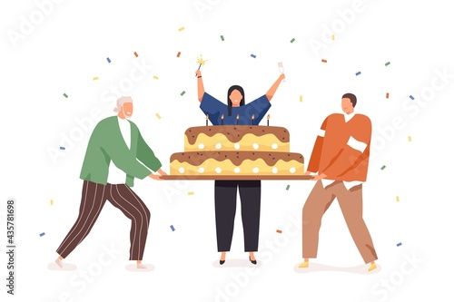 Happy people celebrating birthday, holding champagne and party cake with candles, congratulating person. Men and woman at anniversary. Colored flat vector illustration isolated on white background