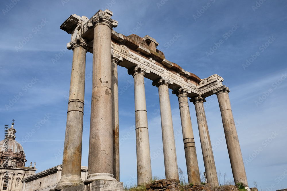 Temple of Vespasian and Titus, ruins of the Roman forum in Rome