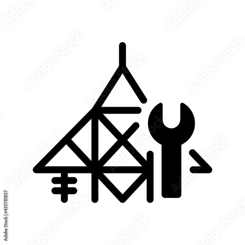 Power line repair black glyph icon. Maintenance on transmission lines. Hotline repairment. Live-line working. Transformers damage. Silhouette symbol on white space. Vector isolated illustration