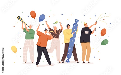 Happy people celebrating birthday with confetti, balloons, party hats and horns. Holiday celebration concept. Men and women rejoicing together. Colored flat vector illustration isolated on white