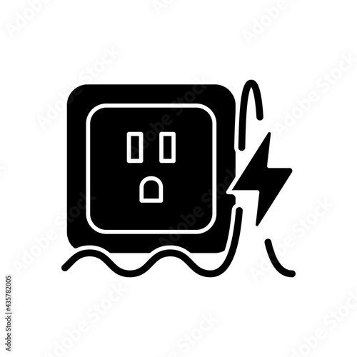 Power surge black glyph icon. Brief overvoltage spikes. Unexpected electricity flow interruption. Equipment damage. Electrical fire risk. Silhouette symbol on white space. Vector isolated illustration