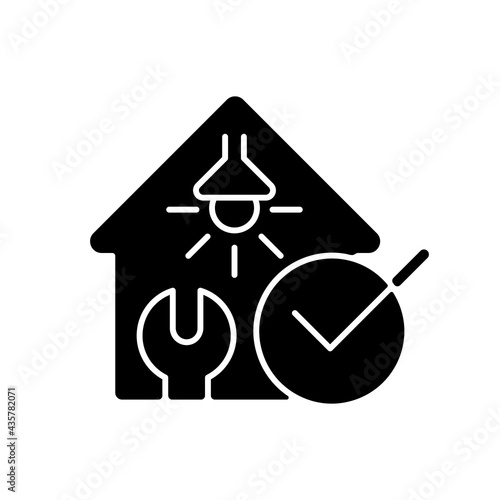 Electrical safety inspection black glyph icon. Examination for electrical wiring damage. Appliances checkup for suitability. Silhouette symbol on white space. Vector isolated illustration