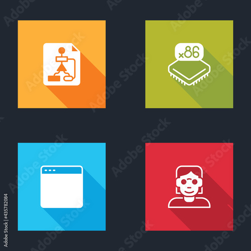 Set Flowchart, Processor with microcircuits CPU, Browser window and Hacker coder icon. Vector