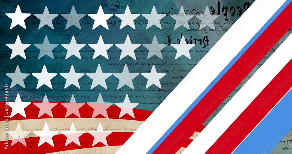 Composition of white stars and stripes of american flag over old writing Composition of white stars and stripes of american flag over old writing