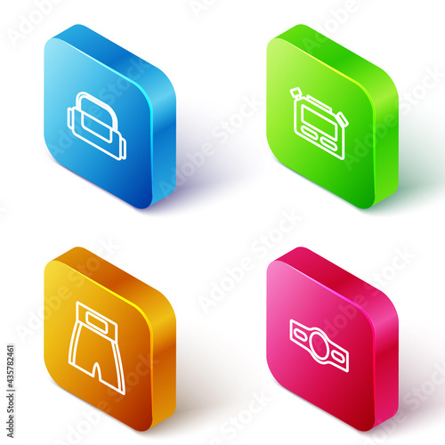 Set Isometric line Sport bag, Stopwatch, Boxing short and belt icon. Vector
