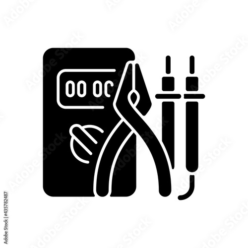 Electrician tools black glyph icon. Test instruments. Ensuring optimal safety. Screwdrivers, pliers. Electrical engineering field. Silhouette symbol on white space. Vector isolated illustration