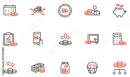 Vector Set of Linear Icons Related to Budget Balance, Finance Planning and Management. Mono Line Pictograms and Infographics Design Elements