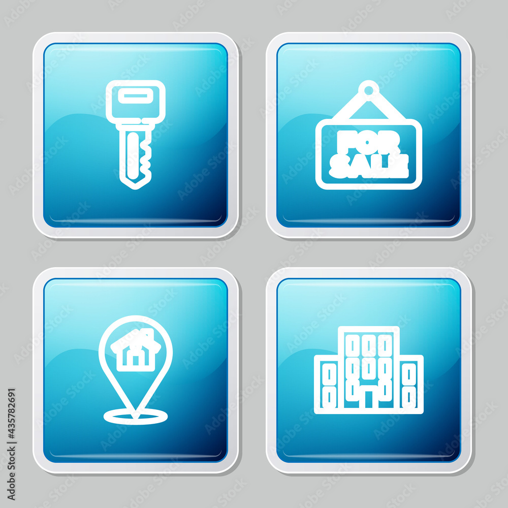 Set line House key, Hanging sign with For Sale, Location house and icon. Vector Set line House key, Hanging sign with For Sale, Location house and icon. Vector