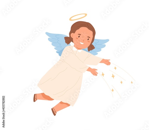 Cute happy angel with halo, wings and stars. Magic little girl with nimbus flying. Sweet divine child in dress in heavens. Colored flat vector illustration isolated on white background