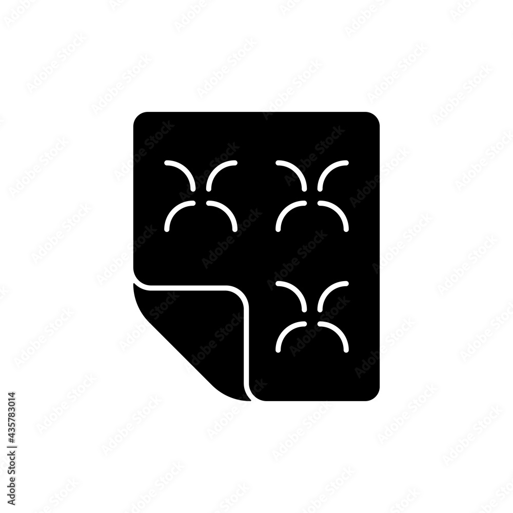Duvet black glyph icon. Linen bedding. Mattress cover, dust protector. Orthopedic bedspread. Textile products, household material item. Silhouette symbol on white space. Vector isolated illustration Duvet black glyph icon. Linen bedding. Mattress cover, dust protector. Orthopedic bedspread. Textile products, household material item. Silhouette symbol on white space. Vector isolated illustration