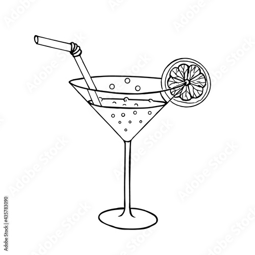 Cocktail in a glass with a slice of lemon and a straw on a white background.Vector drink can be used in the menu, textiles.Black and white hand drawing.