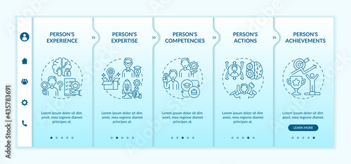 Personal brand components onboarding vector template. Responsive mobile website with icons. Web page walkthrough 5 step screens. Influence goals color concept with linear illustrations