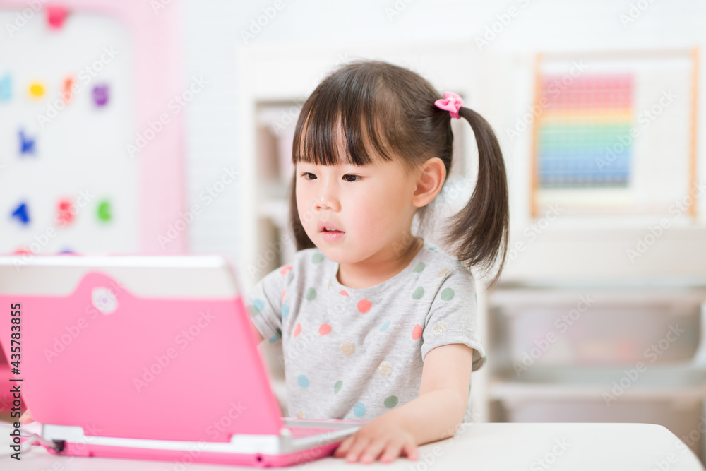 young girl using laptop for online learning during lockdown time young girl using laptop for online learning during lockdown time