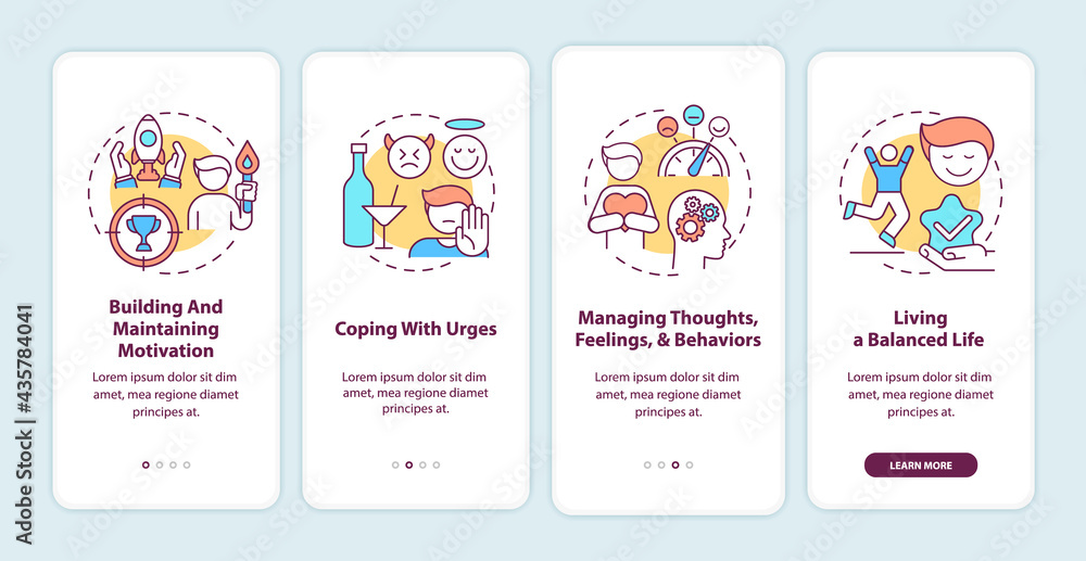 Addiction recovery steps methods onboarding mobile app page screen with concepts. Build motivation walkthrough 4 steps graphic instructions. UI, UX, GUI vector template with linear color illustrations