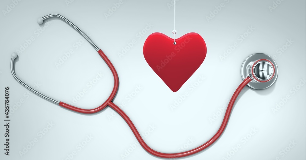 Composition of red heart hanging and stethoscope with copy space on white background