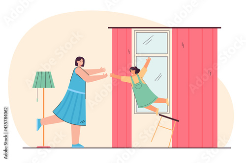 Mother catching falling daughter. Woman trying to help girl falling from chair. Worried mom looking at child. Little girl scared. Trauma and accident concept for banner, website or landing page