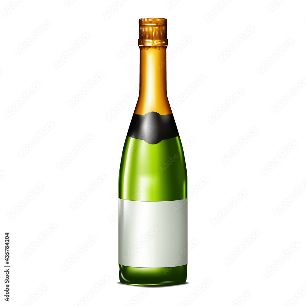 Closed green glass champagne bottle with blank label and gold foil top isolated on white background, mock-up. Vector illustration Closed green glass champagne bottle with blank label and gold foil top isolated on white background, mock-up. Vector illustration