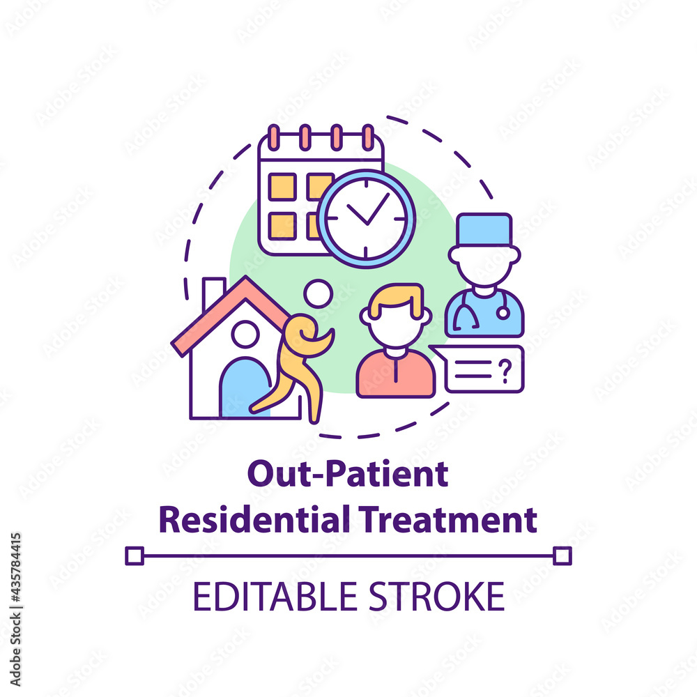 Out patient residential treatment concept icon. Rehabilitation types. Special disease treatment. Patients abstract idea thin line illustration. Vector isolated outline color drawing. Editable stroke