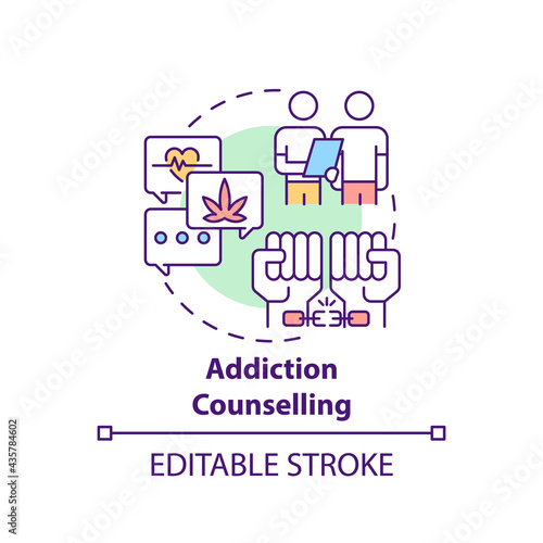 Addiction counselling concept icon. Rehabilitation types. Treatment of health problems. Patients abstract idea thin line illustration. Vector isolated outline color drawing. Editable stroke
