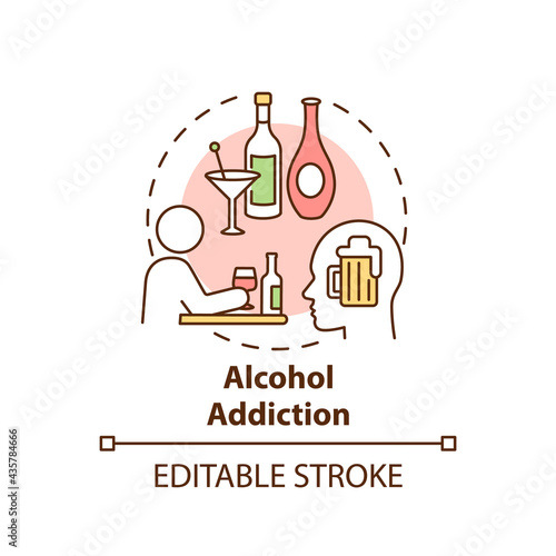 Alcohol addiction concept icon. Addiction types. Treatment of alcoholism problems. Health care abstract idea thin line illustration. Vector isolated outline color drawing. Editable stroke