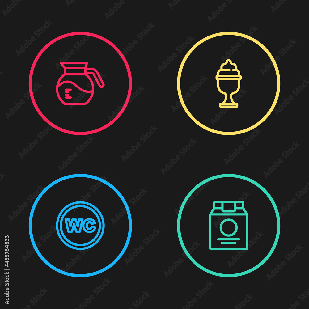 Set line Toilet, Online ordering and delivery, Ice cream bowl and Coffee pot icon. Vector Set line Toilet, Online ordering and delivery, Ice cream bowl and Coffee pot icon. Vector