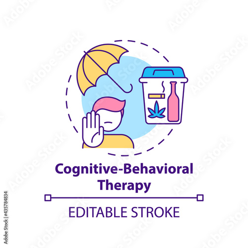 Cognitive behavioral therapy concept icon. Addiction treatment methods. Psychological treatment. Medicine abstract idea thin line illustration. Vector isolated outline color drawing. Editable stroke
