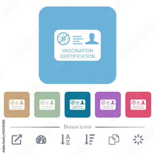 Vaccination certification flat icons on color rounded square backgrounds