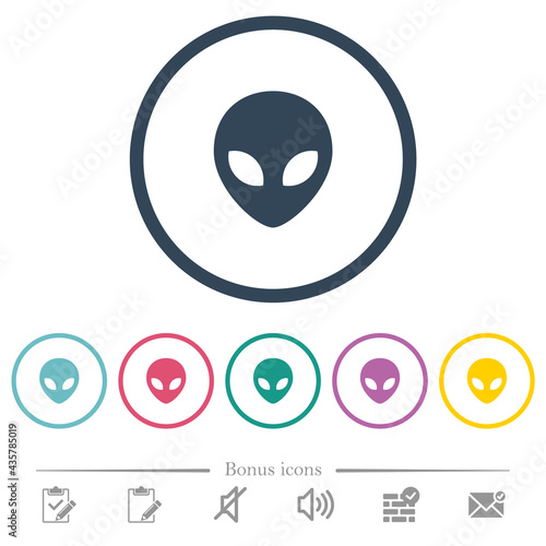 Alien head flat color icons in round outlines