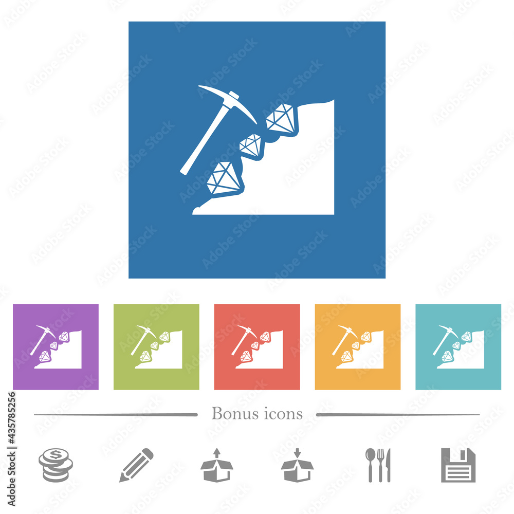Diamond mining flat white icons in square backgrounds Diamond mining flat white icons in square backgrounds