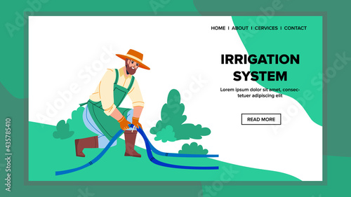 Irrigation System Watering Plant And Grass Vector. Gardener Installing Automatic Irrigation System In Garden. Character Install Irrigate Pipeline For Sprinkling Backyard Web Flat Cartoon Illustration