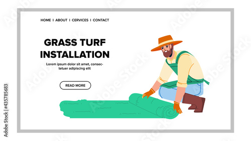 Grass Turf Installation Gardener In Garden Vector. Agricultural Worker Grass Turf Installation. Character Laying Lawn Natural Roll On Backyard, Gardening Occupation Web Flat Cartoon Illustration