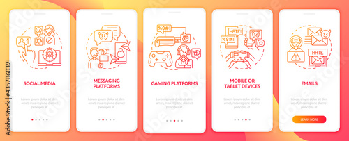 Cyberharassment channels onboarding mobile app page screen with concepts. Tablet devices, emails walkthrough 5 steps graphic instructions. UI, UX, GUI vector template with linear color illustrations