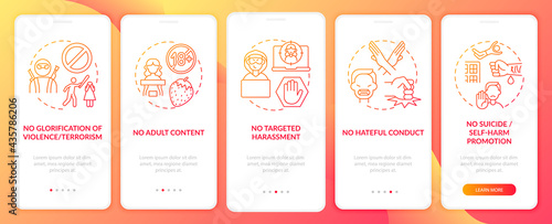 Social media conversation safety onboarding mobile app page screen with concepts. No violence walkthrough 5 steps graphic instructions. UI, UX, GUI vector template with linear color illustrations