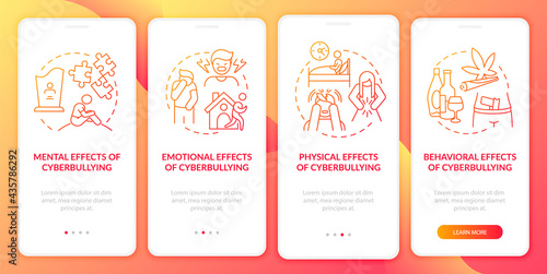 Cyberharassment aftermaths onboarding mobile app page screen with concepts. Physical problems walkthrough 4 steps graphic instructions. UI, UX, GUI vector template with linear color illustrations