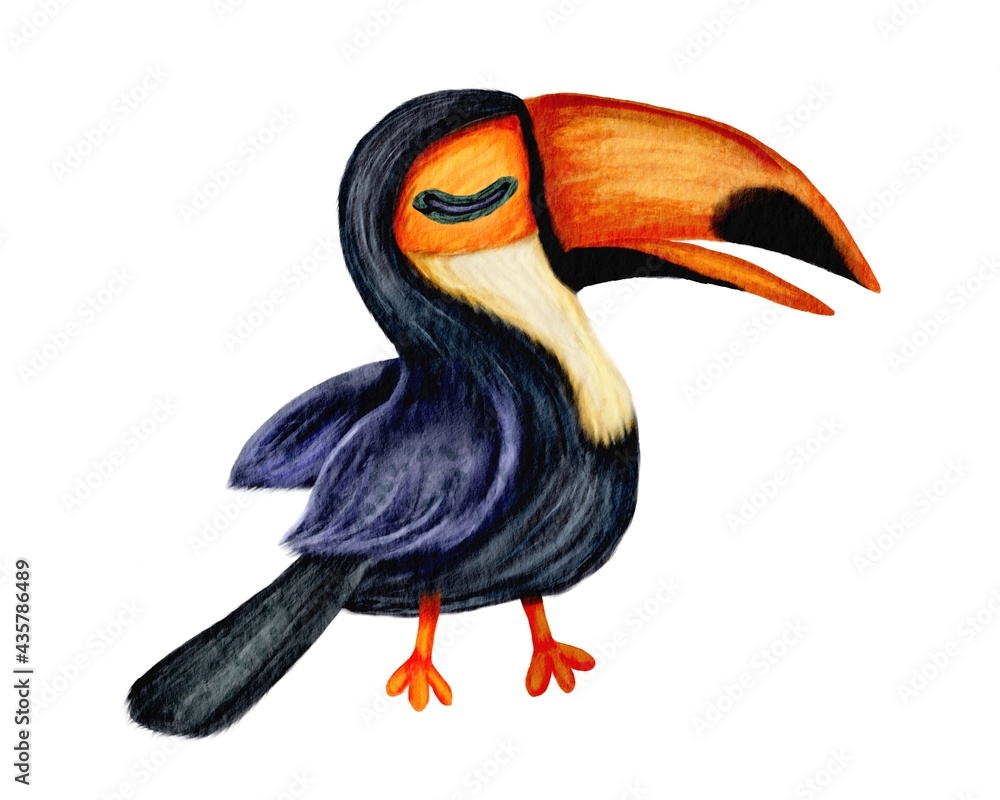 Obraz premium Hand drawn watercolor illustration of toucan tropical bird in cute cartoon style, isolated on white. 
