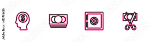 Set line Business man planning mind, Safe, Stacks paper money cash and Scissors cutting icon. Vector