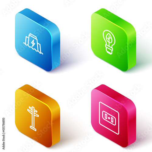 Set Isometric line Hydroelectric dam, Light bulb with leaf, Electric tower and Electrical outlet icon. Vector