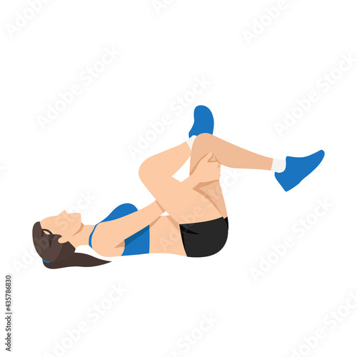Woman doing Gluteus. Glute stretch exercise flat vector illustration isolated on white background