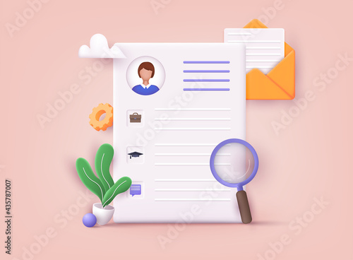 Resume. Human resource management and hiring concept. Job interview, recruitment agency. 3D Vector Illustrations.