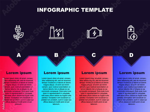 Set line Electric saving plug in leaf, Nuclear power plant, Check engine and Battery. Business infographic template. Vector