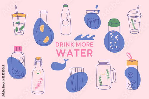 Drink more water banner. Water in a thermos and plastic mug, glass bottle.